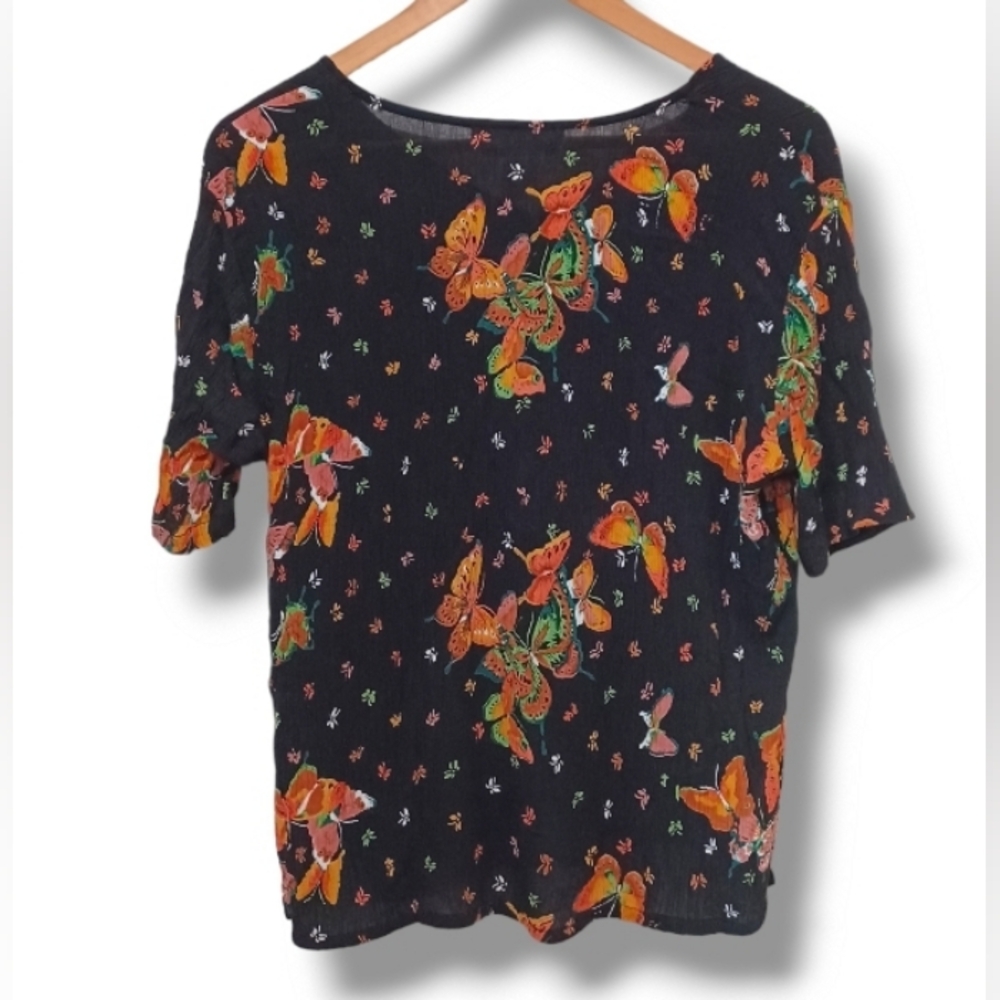 90s Butterfly Slinky Crepe Jacqueline Lauren Stretch Button Up Whimsygoth Blouse - Picture 2 of 16